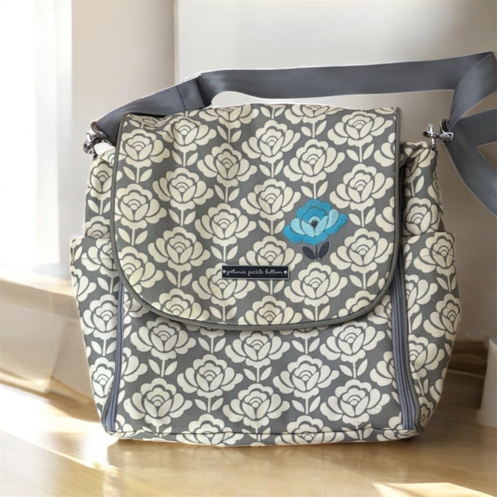 Petunia Pickle Bottom Cream and Gray Floral Baby diaper bag